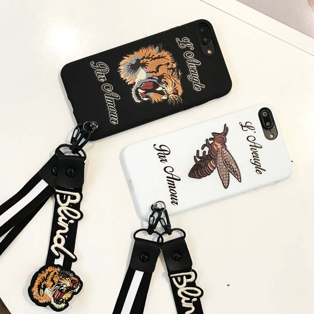 

Fashion Soft Case for iPhone 7 8 Plus X Ten Bee Tiger Pattern With Lanyard silicon Case for iPhone 6 6S 7 Plus for iPhoneX