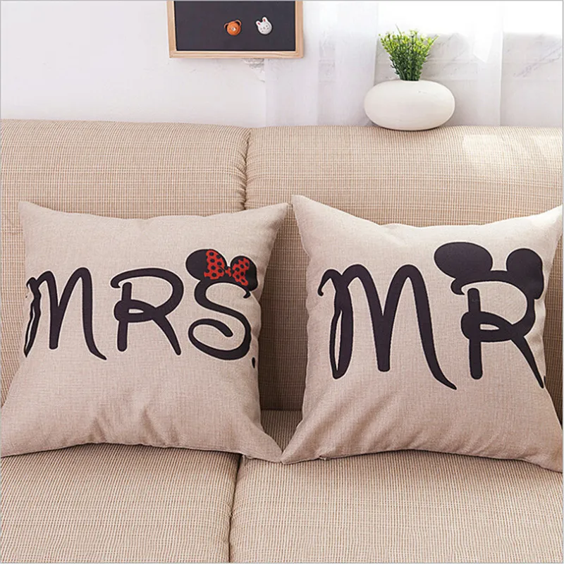 

Mr & Mrs Mouse Letters Cushion Cover Throw Pillow Cover Cotton Linen Decorative Couple Lovers Cushion Covers Home Pillowslip