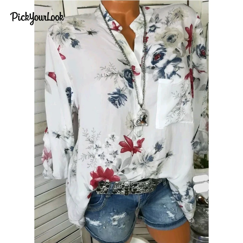 

PickyourLook Ladies Plus Size Tops Floral Blouse Long Sleeve Shirt Print Womens Tops And Blouses 5XL V Neck blusas mujer de moda