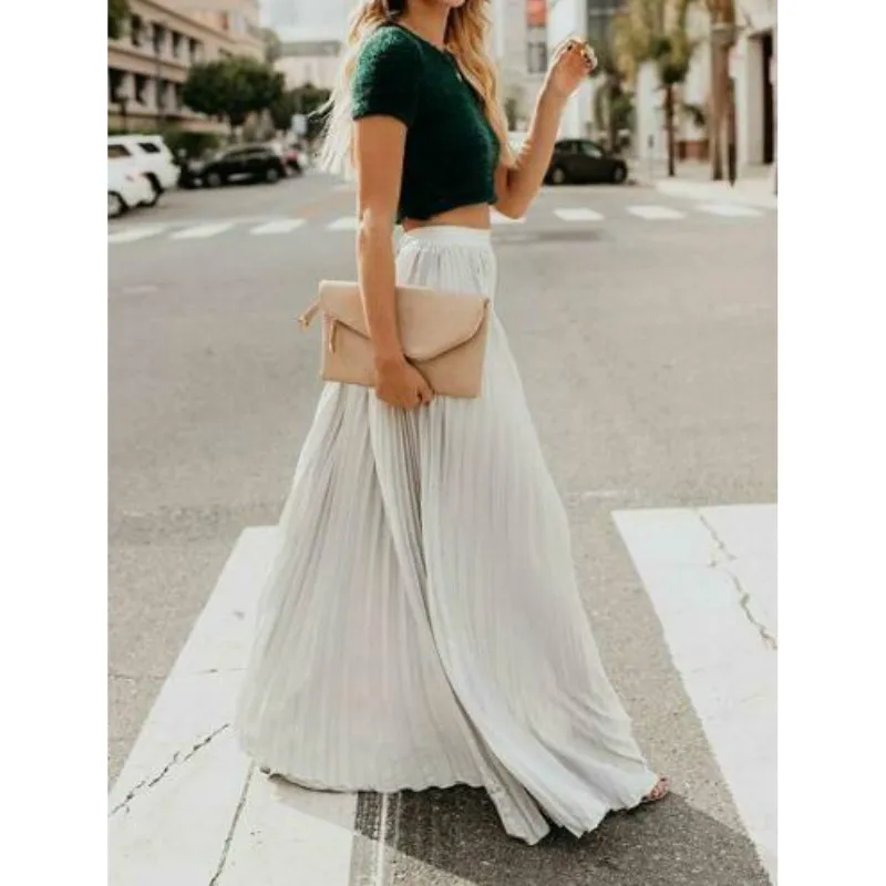 Женская модная элегантная однотонная плиссированная юбка до щиколотки с высокой талией - Цвет: A2