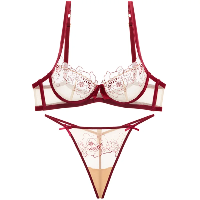 French lingerie t-t pantsuit female bra lace mesh embroidery sexy transparent ultrathin bra