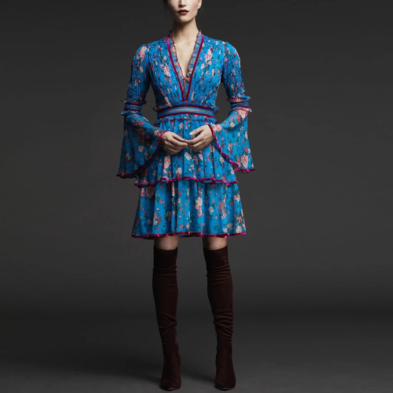 Deep V-Neck Ruffled Flared Sleeve Print Bodycon Dresses