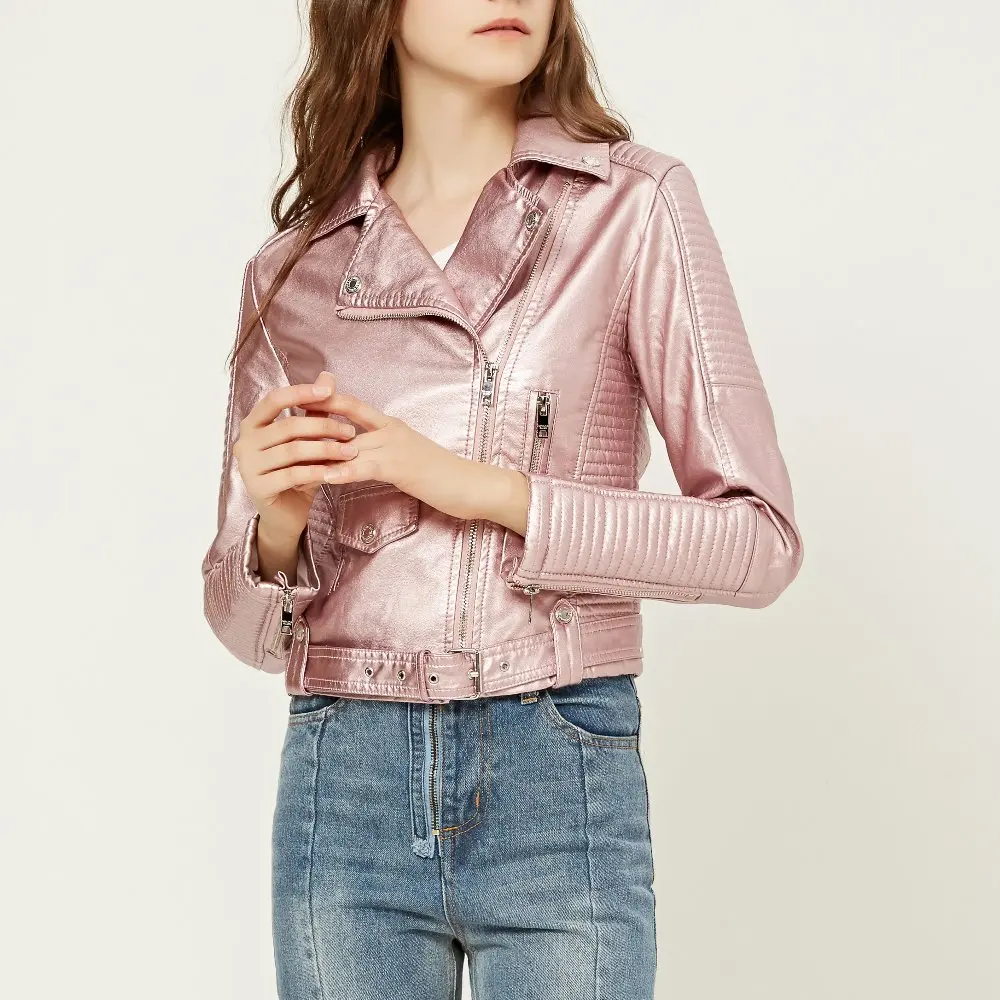 Long sleeves womens jackets 2018 black beige Pink leather ...