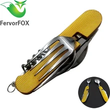 Outdoor Camping Survival Set Four Unity folding Steel Tableware Multi-functional Portable Tools Cutlery Knife Fork Spoon