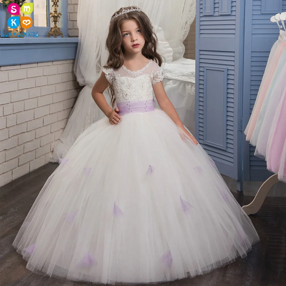 

New Long Lace Crystal Ball Gown Flower Girls Dresses Simple Kids Wedding Party Dress First Communion Dresses For Girls