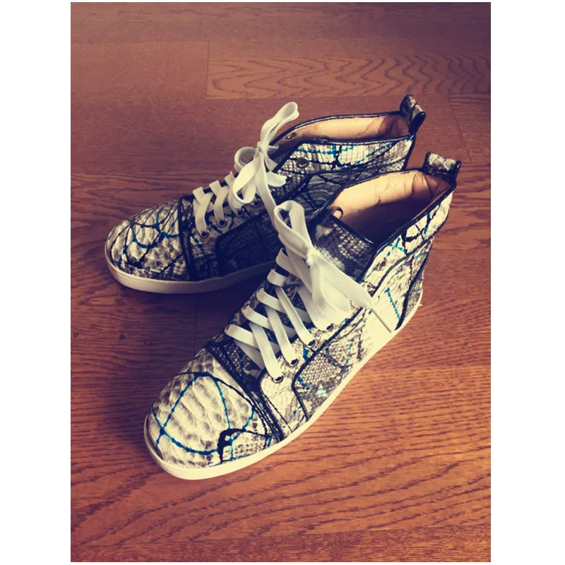 

Newest Blue Graffiti Men Fashion Causal Shoes Black Python Leather Gentleman Vulcanize Shoes Size 45 Super Hot Lace Up Shoes