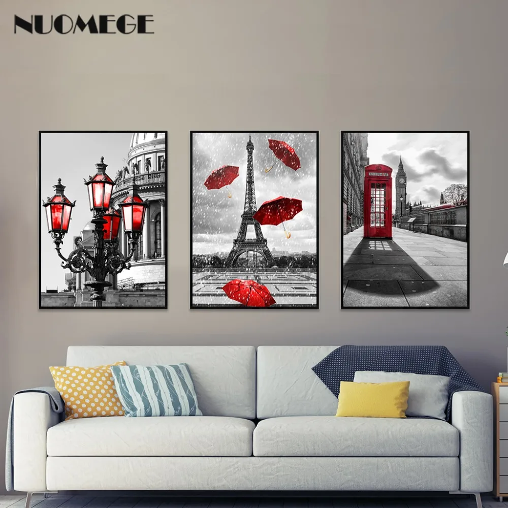 Black and White Tower Red Umbrella Canvas Painting Paris Street Wall Art Poster Prints Decorative Picture for Living Home