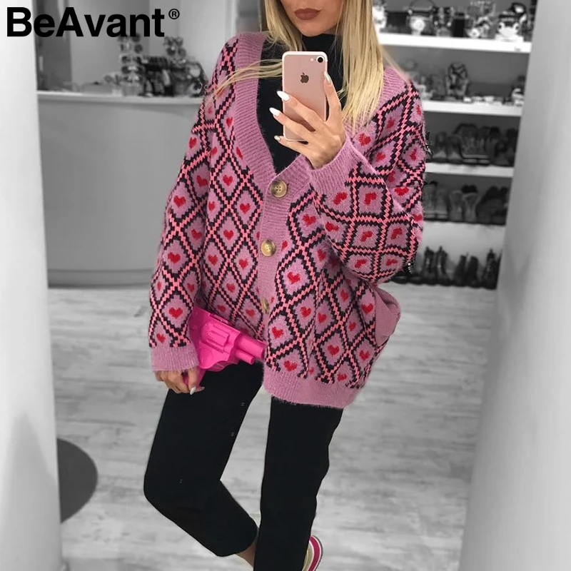 Женский однобортный вязаный кардиган BeAvant повседневный джемпер с принтом сердца