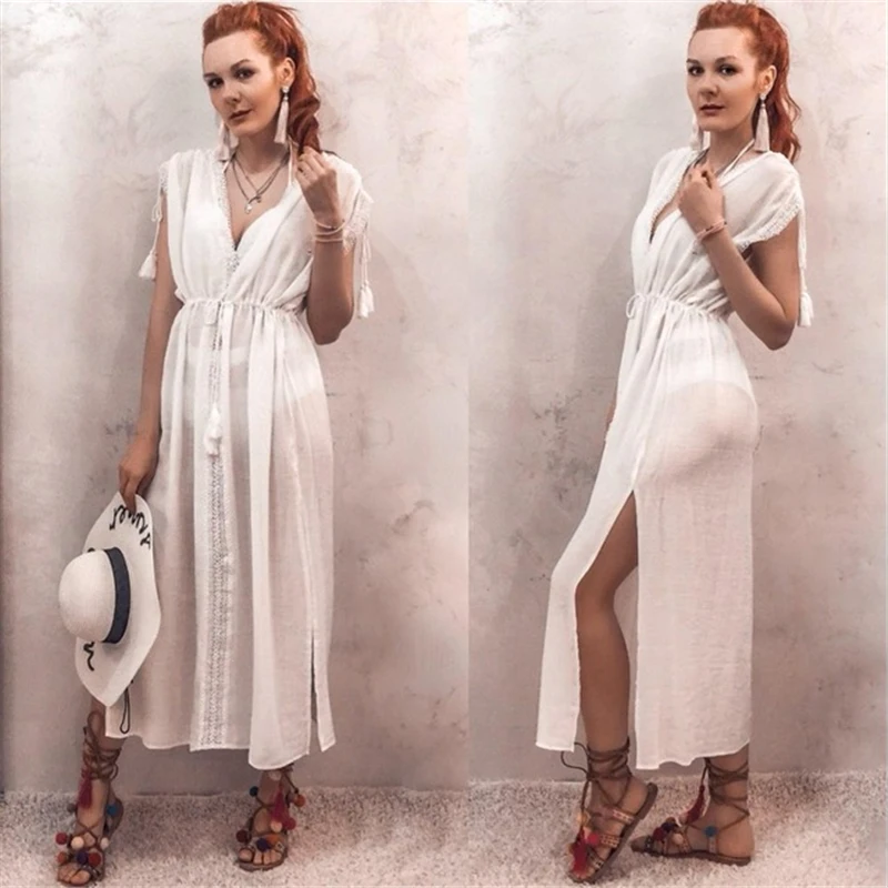 Элегантный греческий стиль безрукавный с Боковым Разрезом сексуальное Белое хлопковое пляжное платье с глубоким вырезом женский халат Туника купальник накидка N637