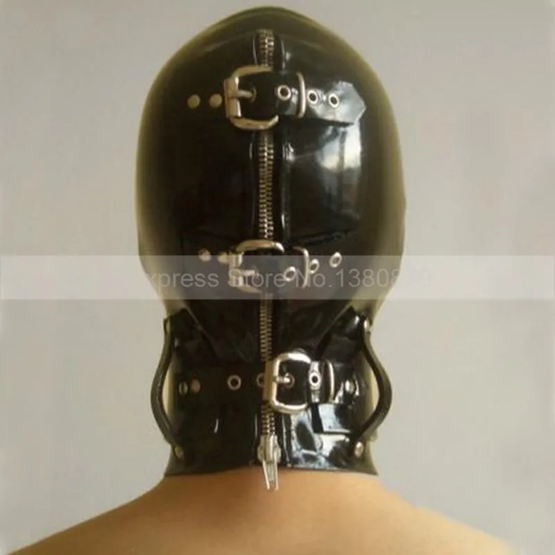 

0.6mm Latex Bondage Hood Latex Mask Blinder by Snap and Neck Band Head Tight Clasp Metal Ring S-LM077