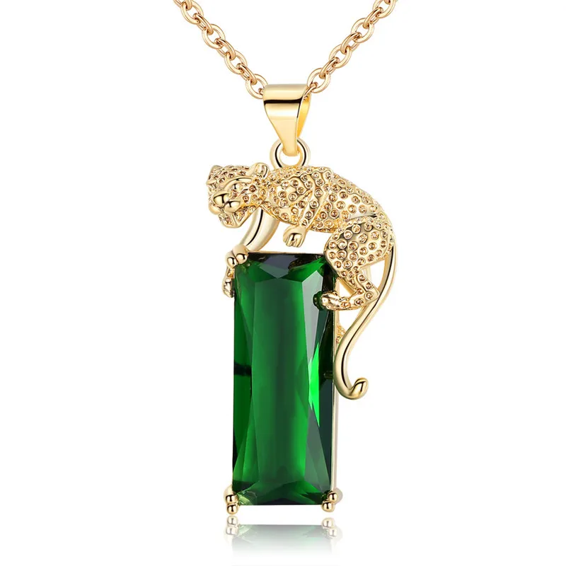 Trendy Green Geometric Stone Zircon Pendant Necklace Cool Animal Cheetah Gold Color Necklaces Woman Men Accessories Gifts N348 (2)