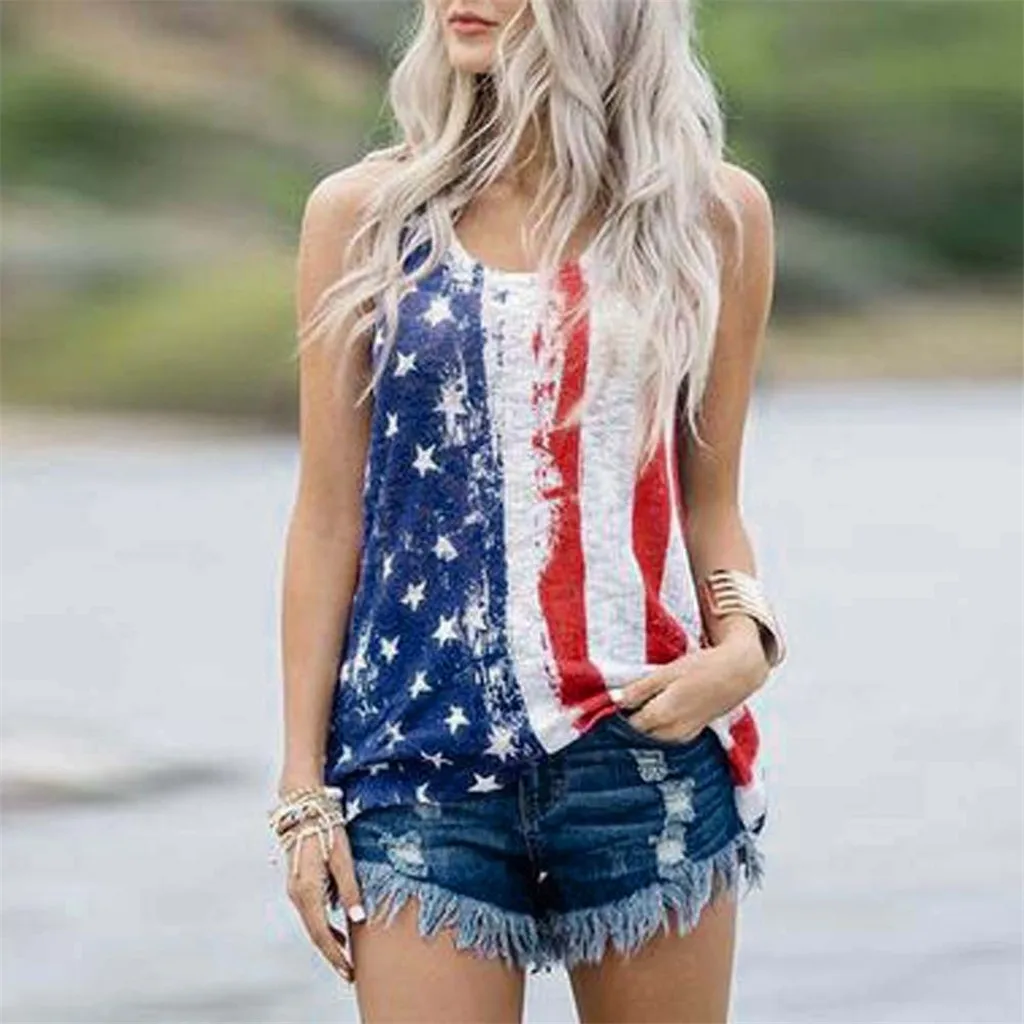 

Womens Sleeveless Vest Patriotic Stripes Star American Flag Print Tank Top Womens Independence Day Sleeveless Vest L0527