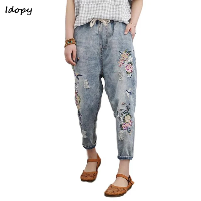 Idopy Fashion Embroidery Floral Cute Casual Pants Vintage Loose Fit ...