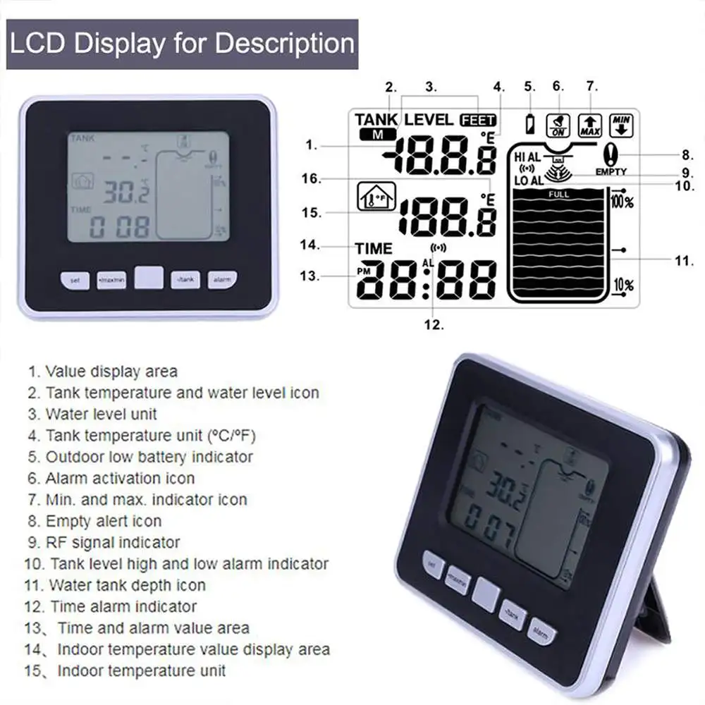 TS-FT002 Ultrasonic Level Flow Meter 0~15M Depth Level Meter And-40~60 Measure Range Level Gauge Thermometer