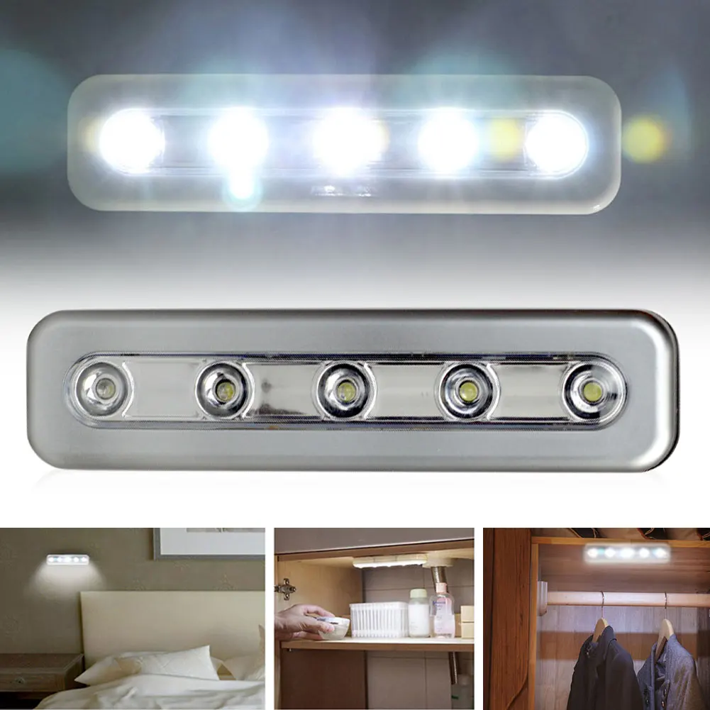 Hot Wireless 5 LED Night Light Closet Lamp Stick-on Tap Push Nightlight Wall Light Kitchen Cabinet Lamp For 3xAAA Battery
