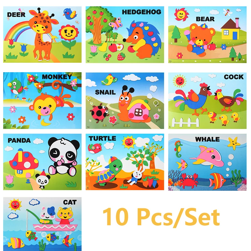 10 Pcs EVA Mosaic Cartoon Colorful Handmade Sticker DIY Craft Container Early Educational Learning Toy for Children Gift | Игрушки и