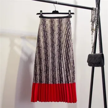 

Spring Western High Street Style Pleated Skirt Empire Snakeskin Pattern Contrast Stitching A-Line Skirts