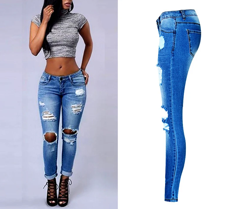2017 New Hot Selling Women Low-waist Slim Elastic Jeans Pants Fit Close Pencil Pants Irregular Broken Hole Washed with Plus Size (4)