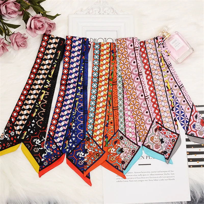 

2019 Fashion Long Skinny Scarf New Print Women Silk Scarf Small Handle Bag Ribbons Female Head Scarves Wraps Girls Neck Scarf