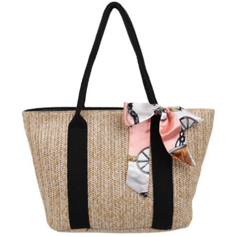 

Korean Version Of The New Silk Scarf Hit Color Straw Tote Bag Trend Ladies Portable Large-Capacity Bag