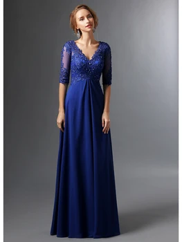 

Real Royal Blue Long Mother of the Bride Dresses With Sleeves Beaded Lace Appliques V Neck A-line Mother's Formal Wear