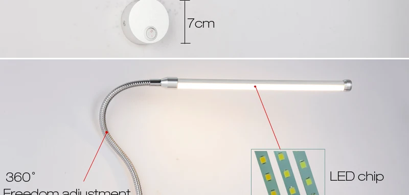 Настенный светильник для спальни, прикроватный светильник для чтения, светодиодный настенный светильник, 6 Вт, с переключателем с ручкой, алюминиевый, регулируемый угол 360 градусов, AC90-260V