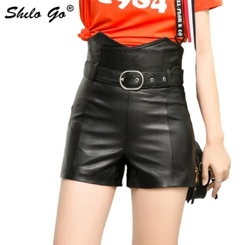 

Streetwear Leather Shorts Women Summer Sexy Belt Sheepskin Genuine Leather High Waisted Shorts Vintage Female Black Shorts