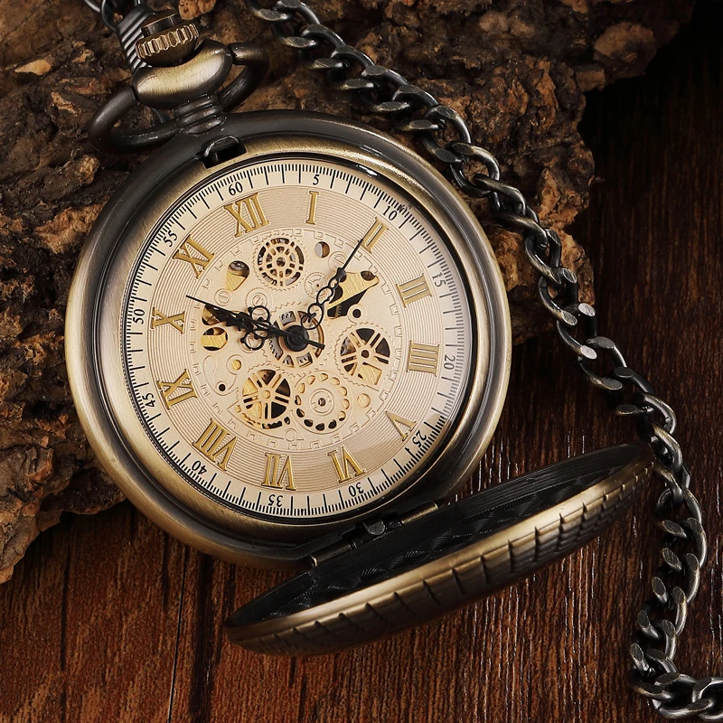 Винтажные деревянные круглые резные Механические карманные часы с циферблатом и цифрами, мужские Уникальные Полые Бронзовые механические часы в стиле стимпанк с цепочкой