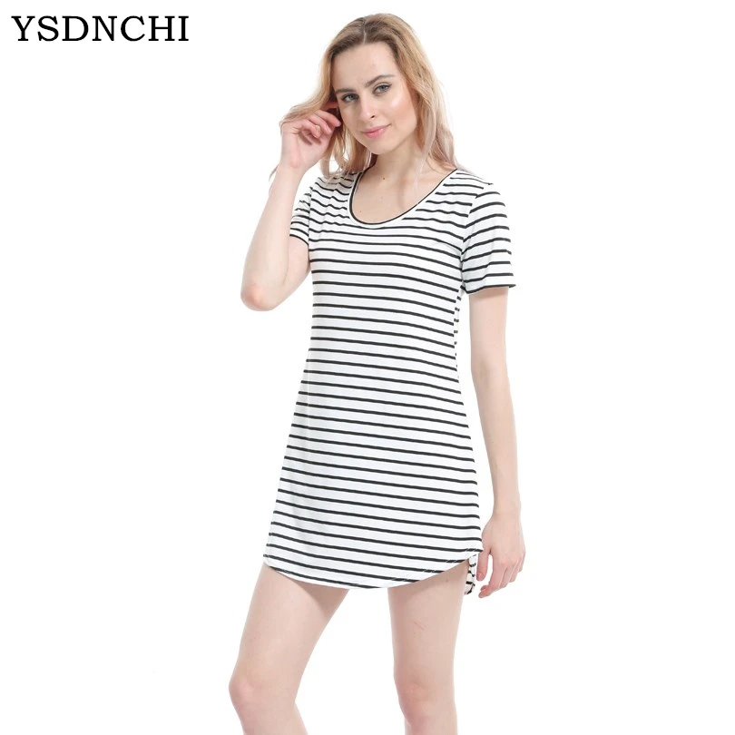 

Summer Female Sundress O Neck White Black Striped Loose Mini Dress Woman Beach Knee Length Dress Plus Size Women Sexy Robe S200