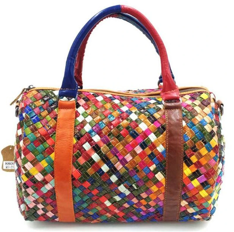 

Genuine Leather Handbag Sheepskin Leather Luxury Bag Women Colorful Knitting Fashion Elegant Handbags Female Shopper Bag 2019