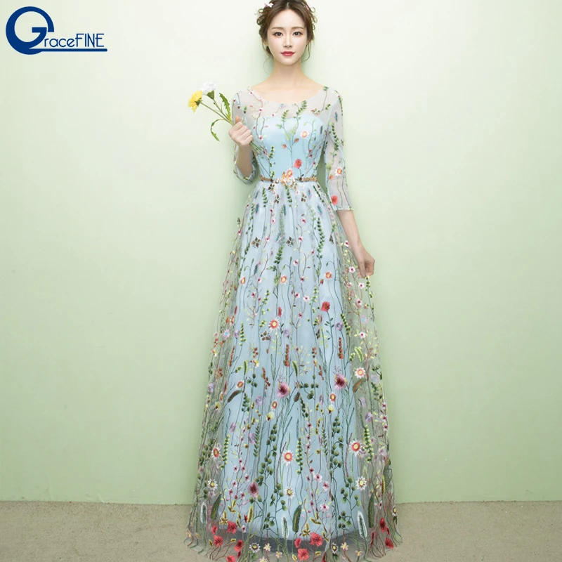 

Autumn Sexy Fashion Designer New Elegant Blue Flower Embroidery Appliques Mesh Slim Women Vintage Long Dress Woman Party Dress