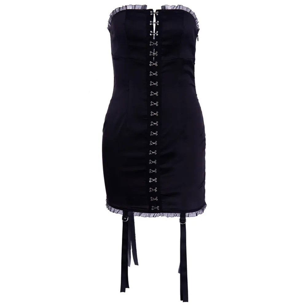 Rosetic, женское кружевное платье с открытыми плечами, сексуальное Бандажное платье с пряжкой, женское облегающее мини-платье, черные готические летние винтажные платья - Color: Black