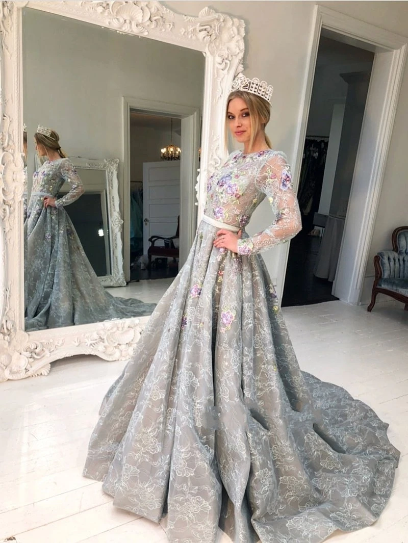 Long Sleeve Lace Evening Gowns 2018 Princess Prom Dress 269_conew1