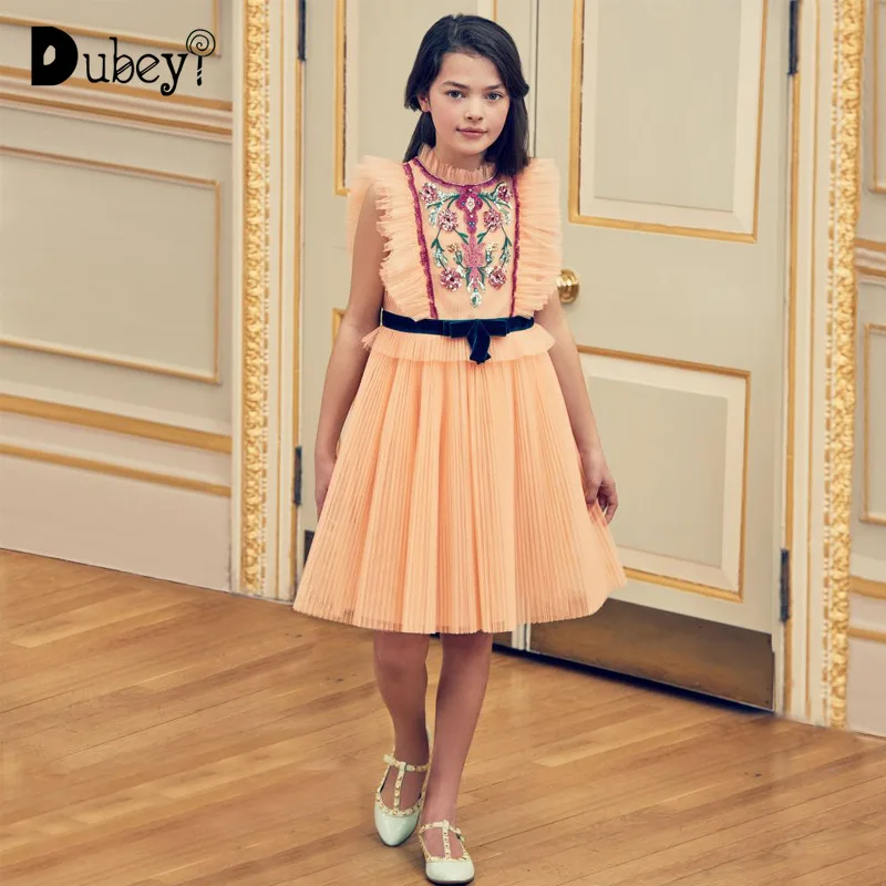 

Girls Sequins Embroidered Rose Bow-knot Orange Gauze Princess Dress Beautiful Wedding Birthday Party Dress for girls