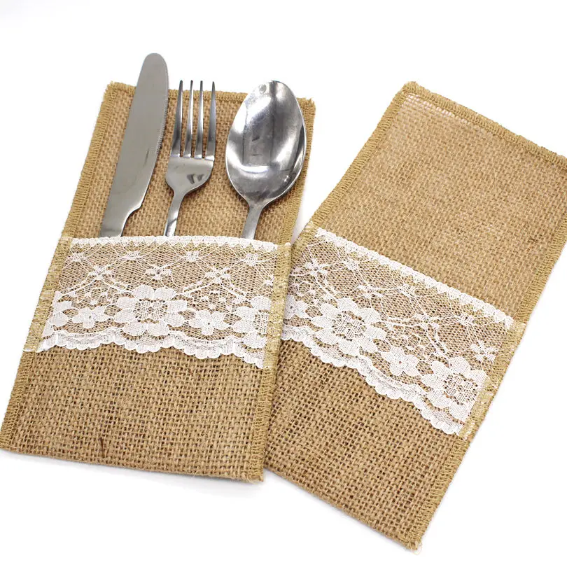 1PCS vintage Jute Hessian Burlap Linen lace Cutlery Pouch Rustic Wedding decoration Party Birthday Tableware Supplies Holder Bag