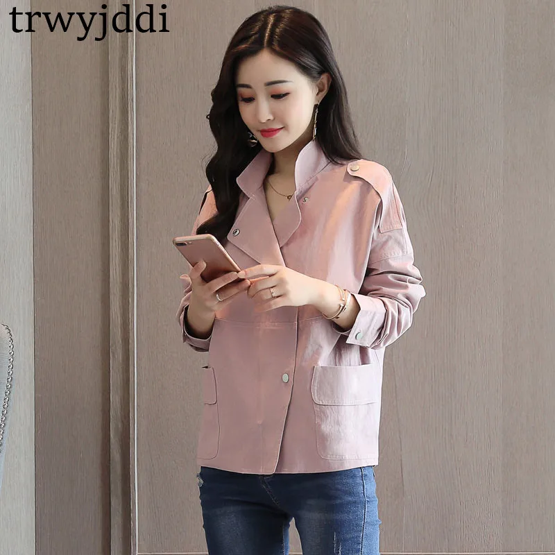 

New Windbreaker Female 2018 Spring Coat Chic Stand Collar Single-breasted Korean Simple Short Basic Jacket Cotton Outwears hl504