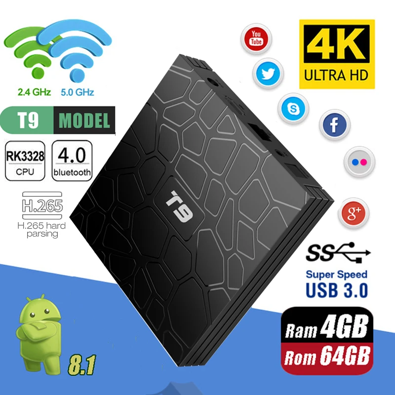 

Android 8.1 4K Smart TV Box T9 RK3328 Quad Core 4G/64G 2.4G/5G Dual WIFI Bluetooth 4.0 USB3.0 1080PGoogle Play Store Set Top Box