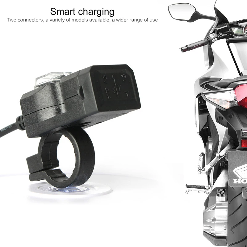 

Dual USB Waterproof Motorbike Motorcycle Handlebar Charger Adapter Power Supply Socket 2.1A for Motorbike Electronic Bike 9V-24V