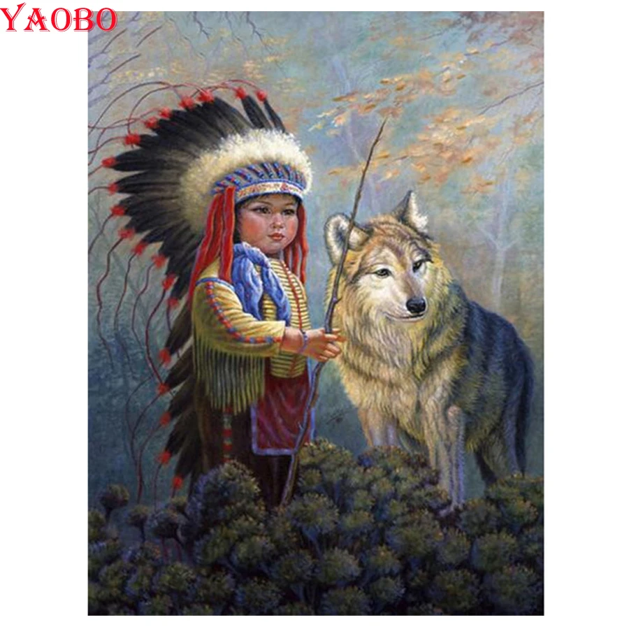 

full square round 5d DIY Diamond Painting Indian girl and wolf 3D Cross Stitch Diamond Embroidery icon mosaic picture home Decor