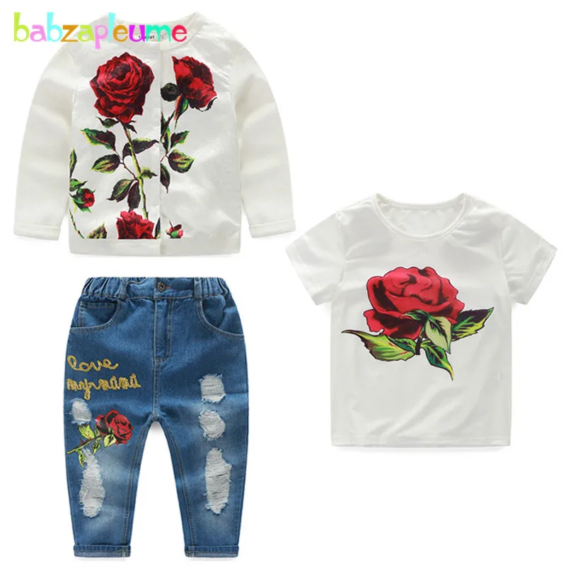 

3Piece Toddler Girl Fall Clothes Baby Outfit Set Fashion Flowers Jacket+T-shirt+Hole Jeans Children Boutique Clothing BC1253
