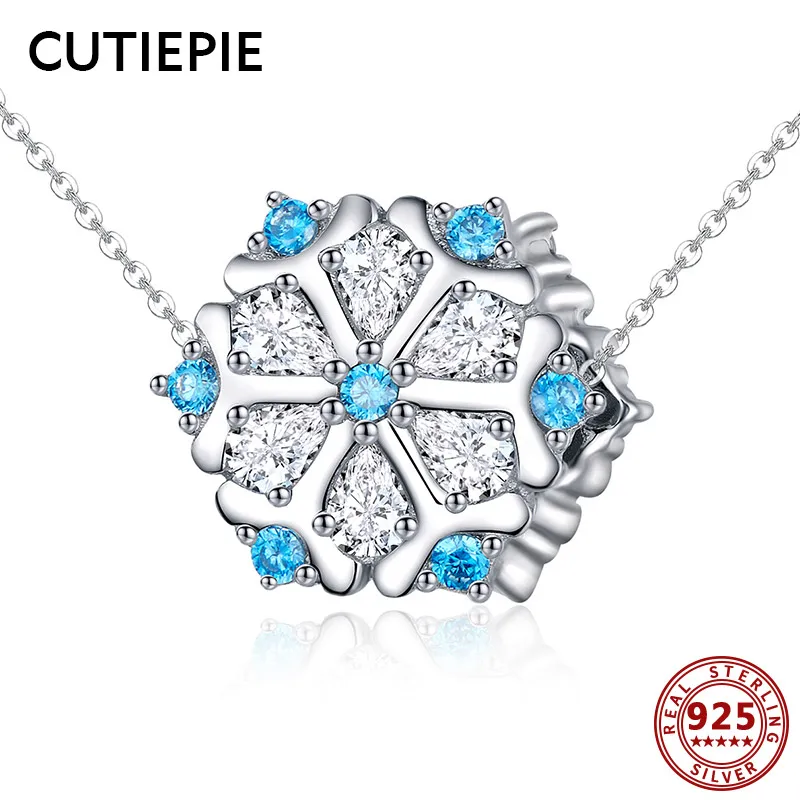 

CUTIEPIE New Genuine Real 925 Sterling Silver Blue CZ Snowflake Charms Pendant Necklace Sterling Silver Jewelry for Women Gifts
