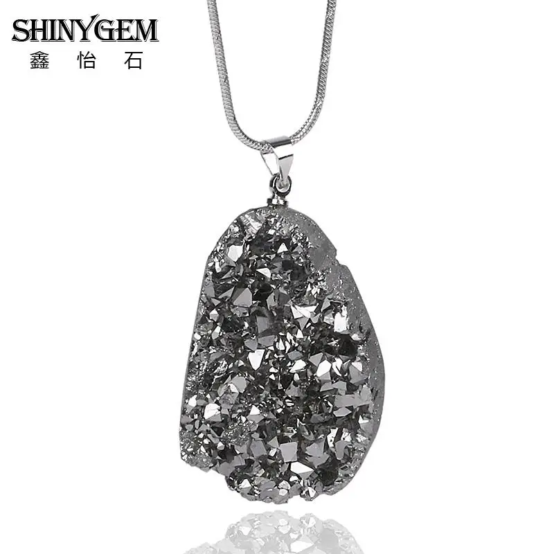 SHINYGEM модное ожерелье из природных кристаллов многоцветное ожерелье с кулоном из натурального Друза с искусственным кварцем для женщин - Окраска металла: Silver