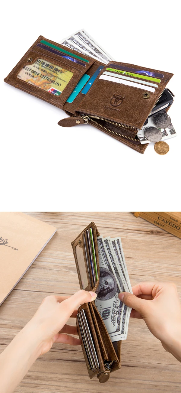 Bullcaptain Men Cowhide 9 Card Slots Zipper Coin Bag Wallet