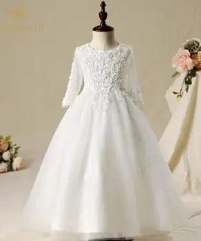 

2019 High Quality Handmade Long Sleeve First Communion Dresses O-neck with Bow Flower Girl Dresses Ball Gowns Custom Birthday