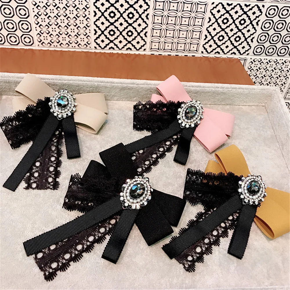 

Korea Handmade Lace Solid Vintage Bowknot Rhinestone Shirt Pins Neck Bow Tie Bowknot Accessories Fashion Jewelry-YHNLB039F