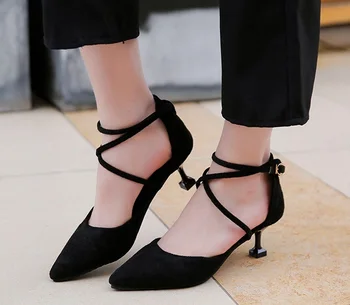

5cm High Heels Shoes Woman Cross-Tied Flock Pointed Toe Thin Heels Pumps Shoes Female Nude Elegant Sandals Party Wedding Shoes