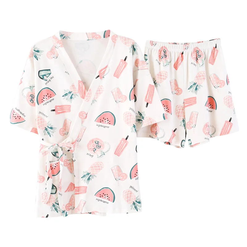 Лето 2019 пижамы женские хлопковые печатные кардиган-кимоно с коротким рукавом шорты 2 шт. костюм Kawaii ремни с коротким рукавом рубашка damska