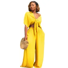 2019 Women Summer Set 2 Piece Set Short Sleeve Bow Tie Up Crop Top and Long Wide Leg Pants Set Fashion Ladies Pants Suits 2019 Women Summer Set 2 Piece Set Short Sleeve Bow Tie Up Crop Top and Long Wide Leg Pants Set Fashion Ladies Pants Suits