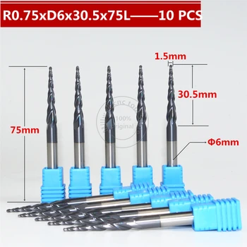 

Free shipping-10PCS R0.75*D6*30.5*75L*2F HRC55 Tungsten solid carbide Coated Tapered Ball Nose End Mill taper and cone end mills