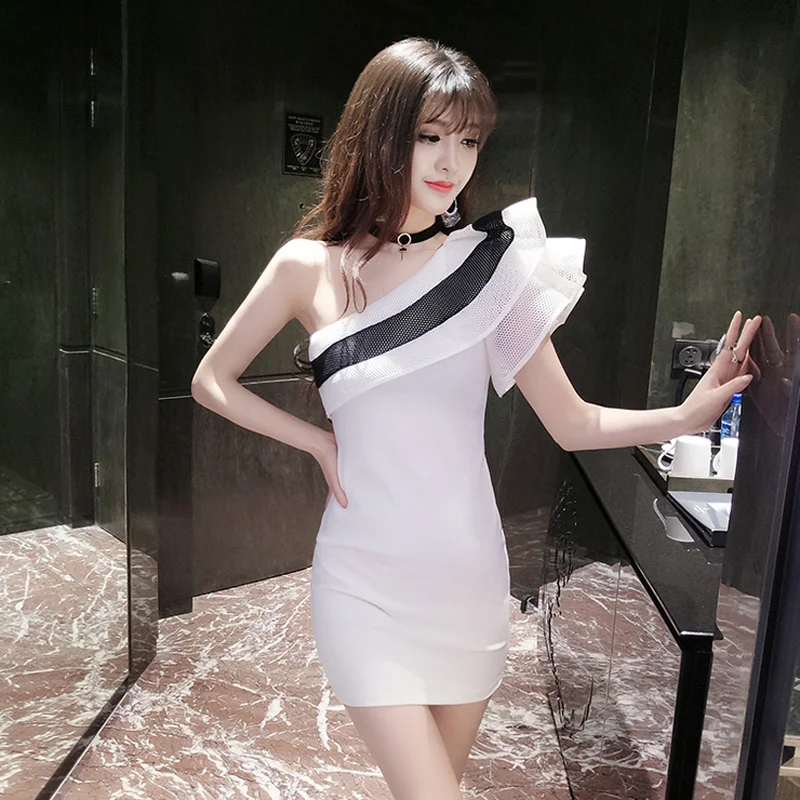 

sexy white Women's Clothing ruffles summer style high quality patchwork off shoulder bandage bodycon fashion brand mini-dress